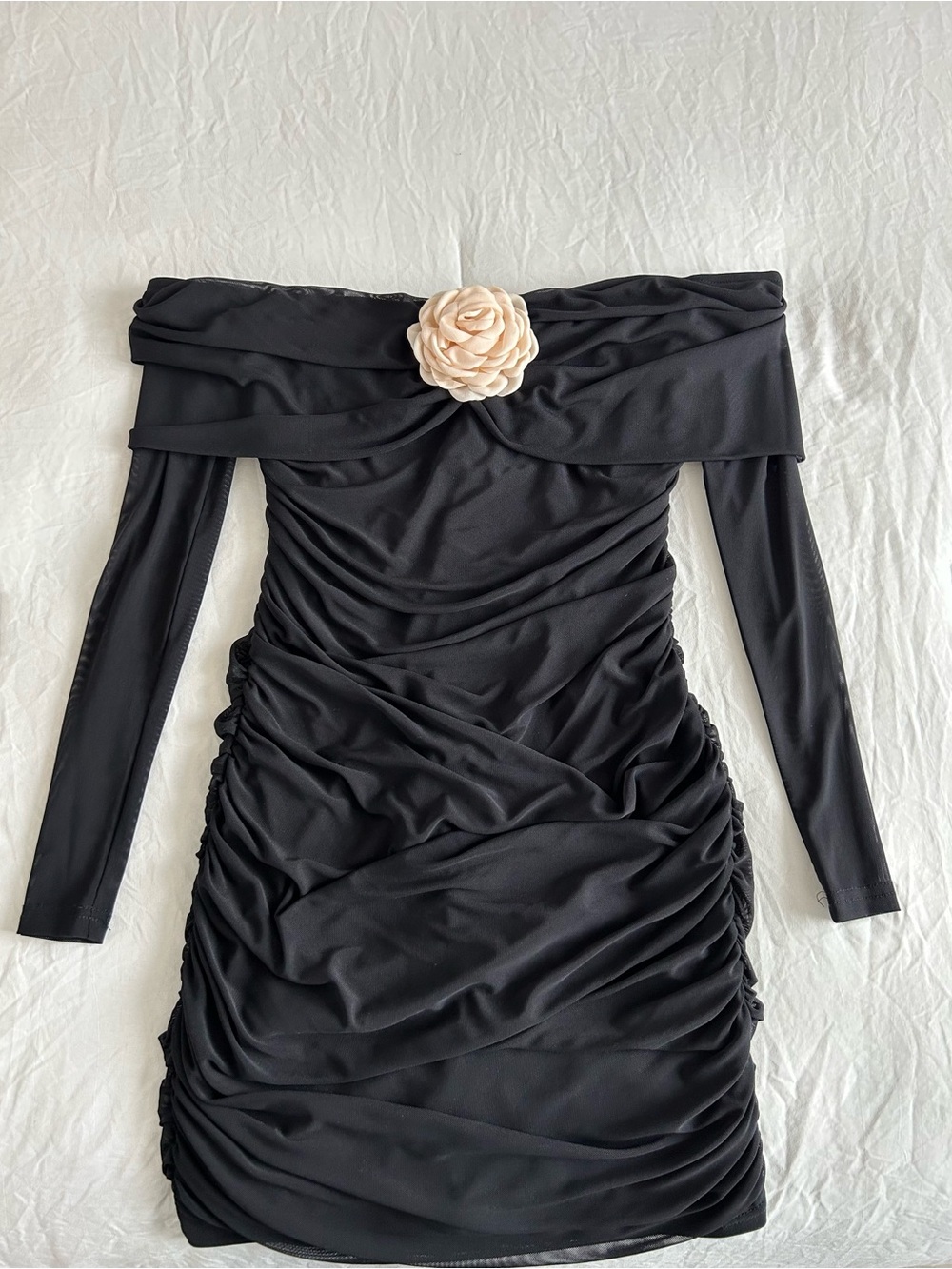 Black Off-Shoulder Ruched Long-Sleeve Dress with Cream Floral Accent